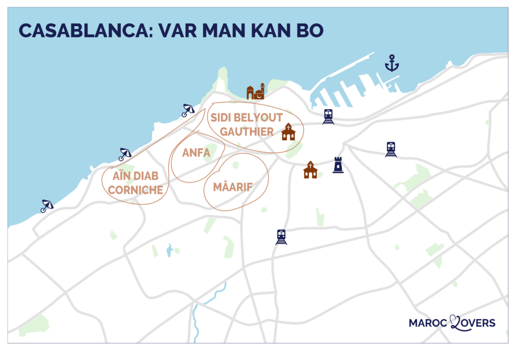 karta över de bästa ställena att bo på i casablanca