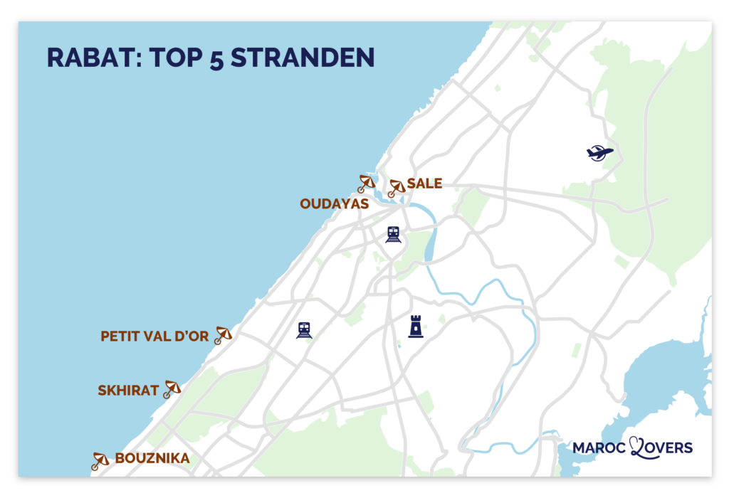TOP 5 kaart met de beste stranden van Rabat