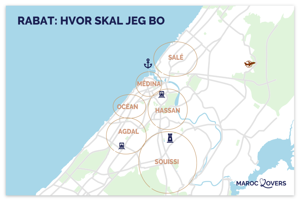 Kort over de bedste områder at bo i Rabat