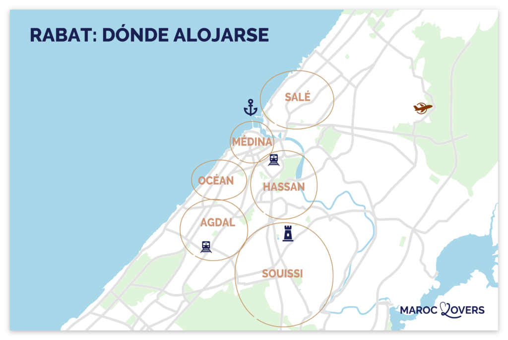 Mapa de las mejores zonas para alojarse en Rabat
