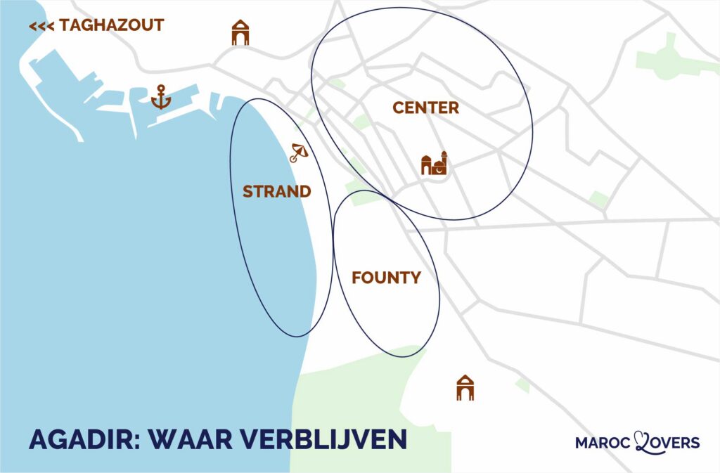 kaart beste gebieden om te verblijven in agadir Marokko
