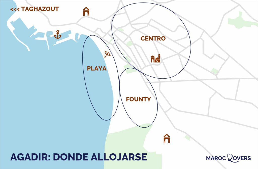 mapa mejores zonas para alojarse en agadir marruecos
