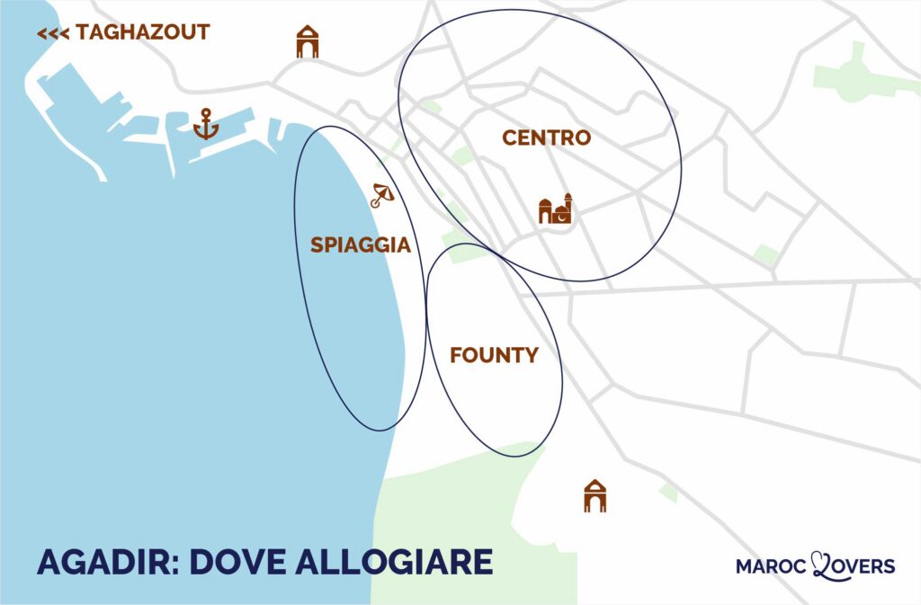 mappa delle migliori aree in cui soggiornare ad agadir in Marocco